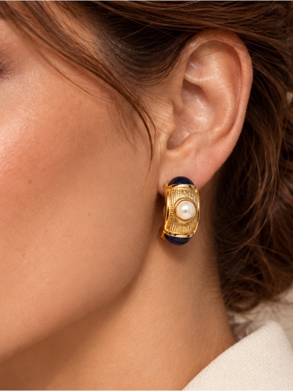 Vintage Burberry Gold-Tone Navy & Faux Pearl Clip-On Earrings